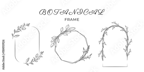 Elegance wedding template for design. Collection of trendy hand drawn frame with flowers. Minimalistic Herbal Botanical set of border. Single line art and clip art. Silhouette. Elements.