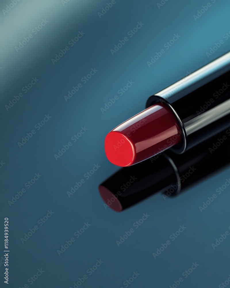 Elegant close-up of a red lipstick tube reflecting on a smooth surface. Elegant close-up of a red lipstick tube reflecting on a smooth surface.