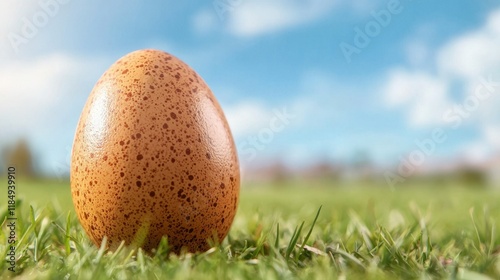 A brown egg sitting on top of a lush green field