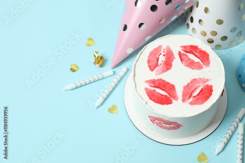 Colorful bento cake decorated with red lips on color background photo