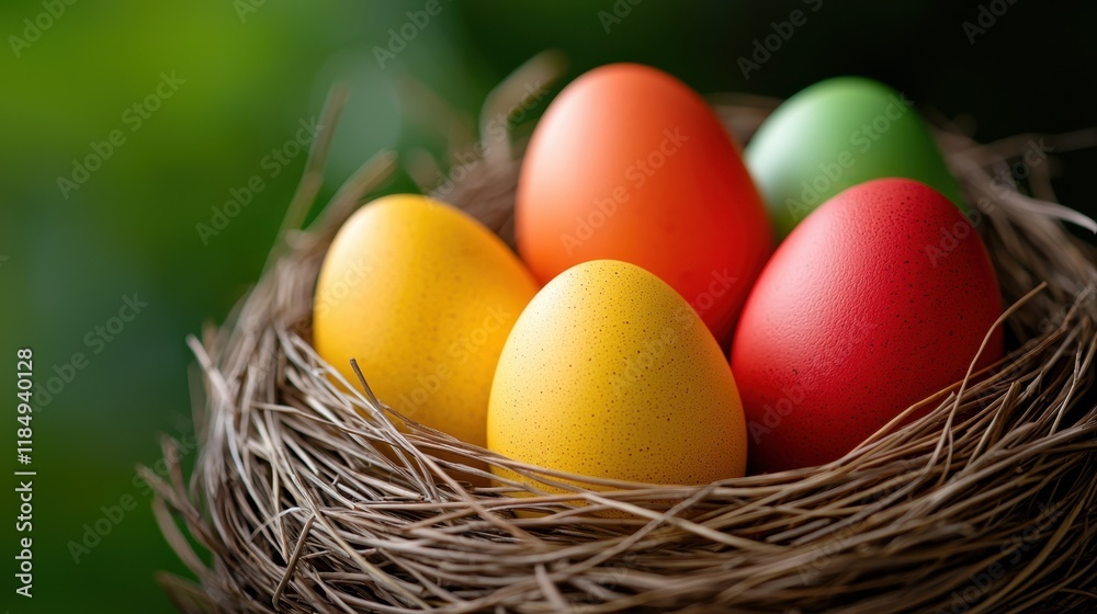 A nest filled with colorful eggs sitting on top of a grass covered field A nest filled with colorful eggs sitting on top of a grass covered field