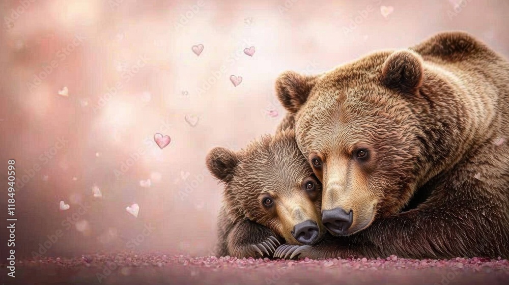 Fototapeta premium A mother bear and her cub laying on the ground