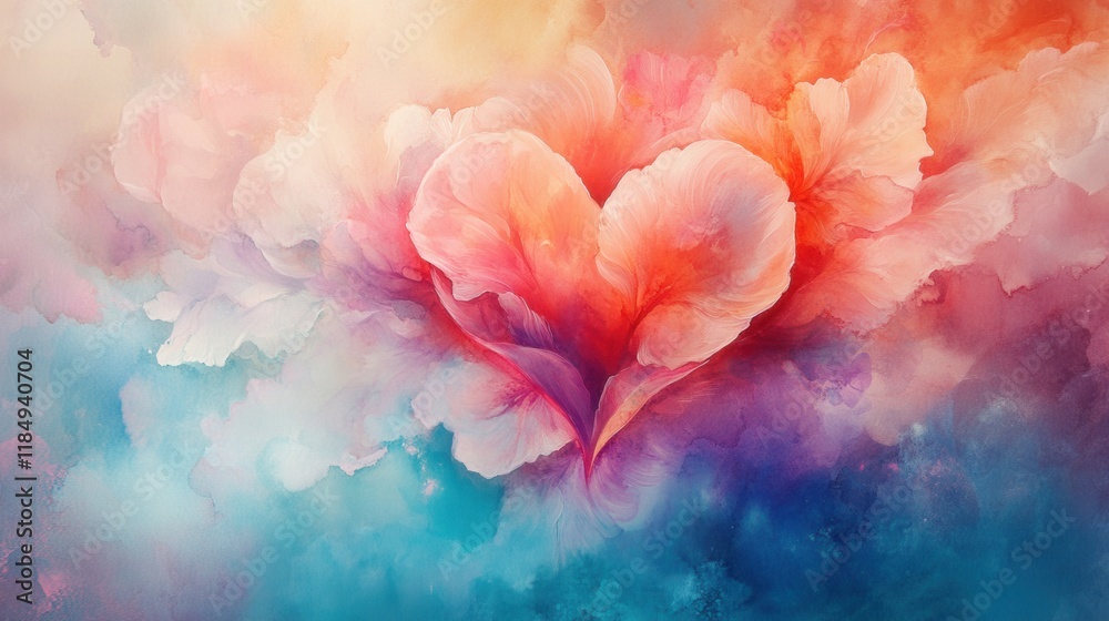 Fototapeta premium Vibrant watercolor painting of heart-shaped petals in soft pastel hues