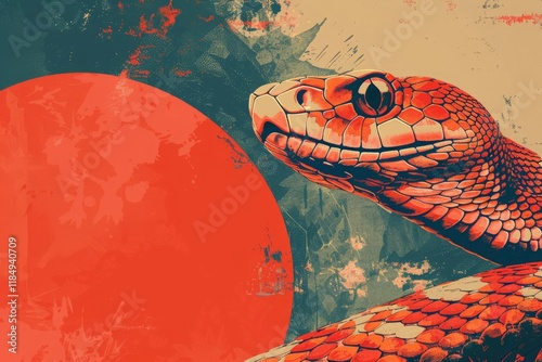 Line illustration of snake with a detailed, scale-covered body. Large red circle  representing the sun, set against a blue and beige textured background. Chinese  Lunar New Year 2025