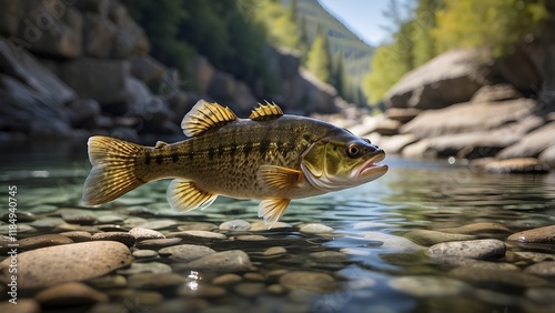 A smallmouth bass glides through the crystal clear waters of a rocky river, its sleek body shimmering in the sunlight.