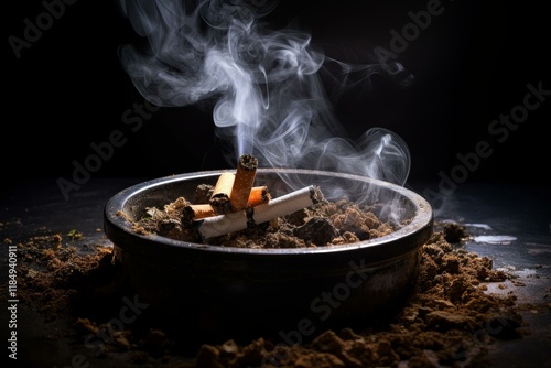 Smoldering cigarette butts in dirty ashtray creating smoke against dark background represent smoking habit, addiction and health risks photo