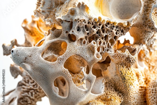 Intricate porous structure, possibly bone or coral, showcasing complex textures and a blend of white and golden hues. photo