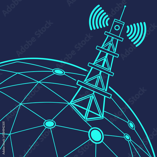 Futuristic Communication Network Illustration with Neon Grid
