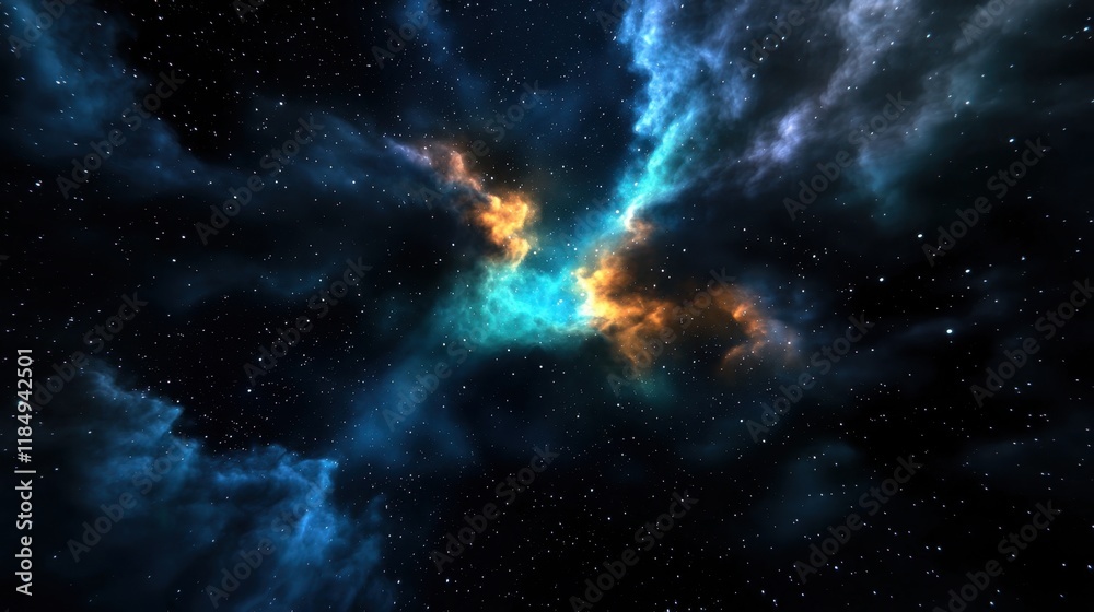 Naklejka premium A space scene with a blue and orange cloud in the middle