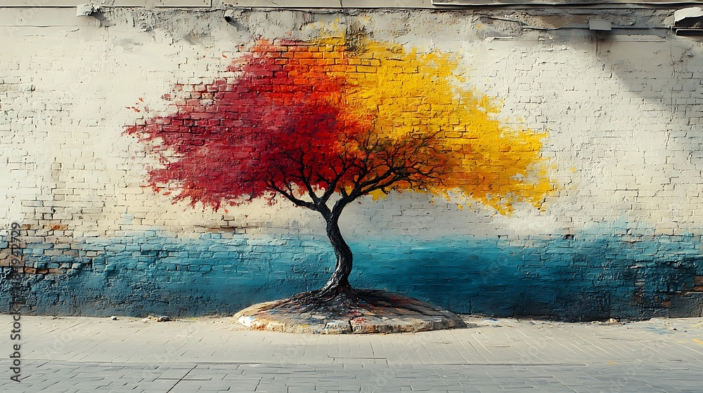 Obraz premium Painted tree mural on brick wall art