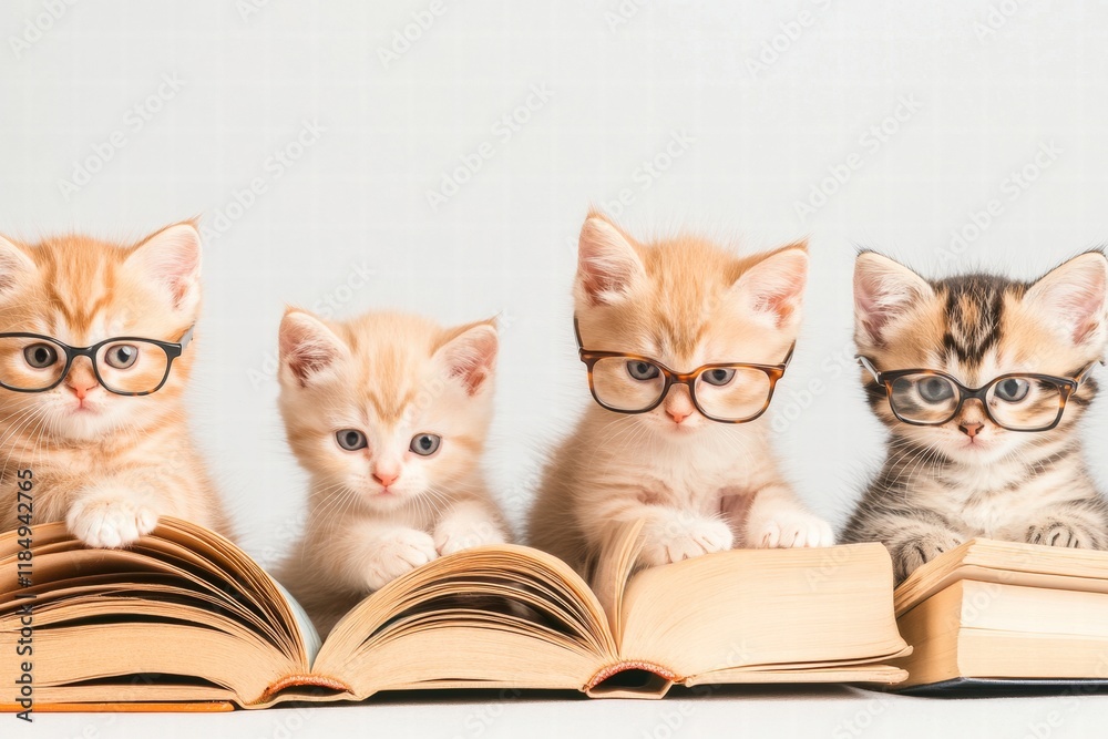 Kittens with Glasses Enthusiastically Reading Books in a Cozy Study Environment