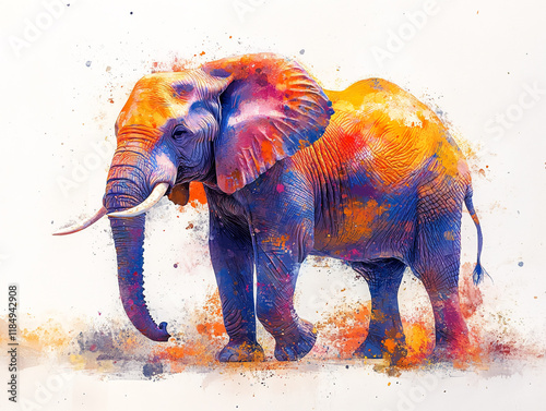 Painted elephant in spots of bright paint photo