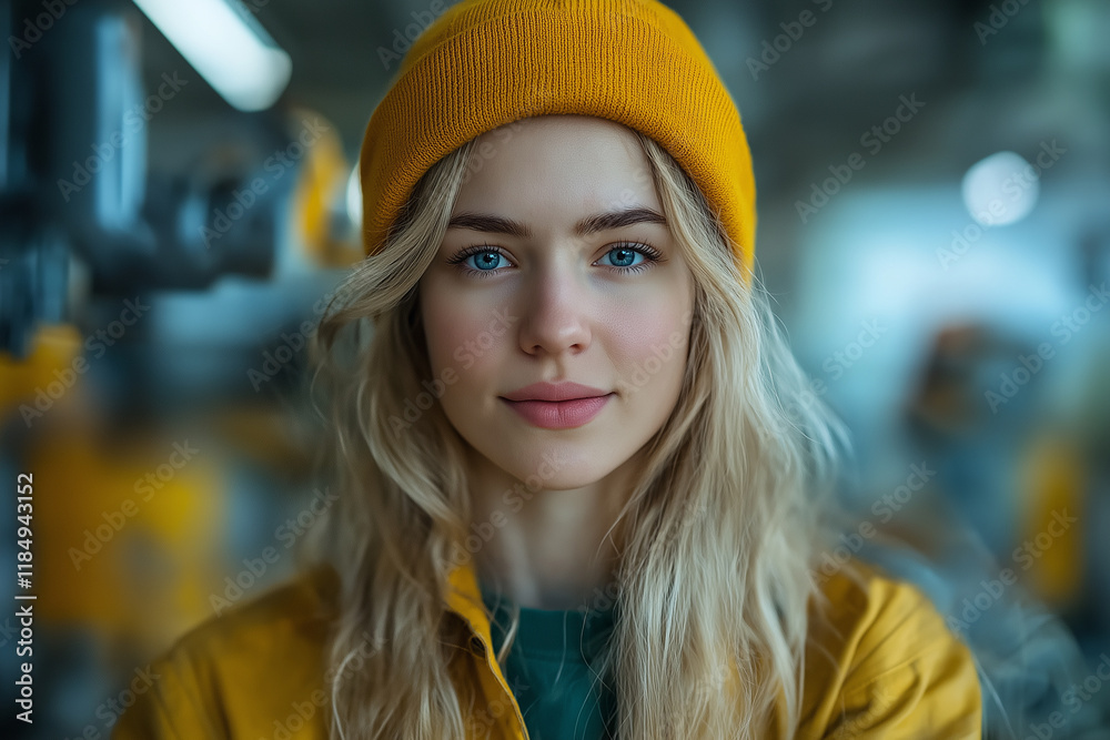 Female worker adjusting the settings on a robotic arm, with the factory machinery running efficiently behind her. bright lighting, contrast Female worker adjusting the settings on a robotic arm, with the factory machinery running efficiently behind her. bright lighting, contrast