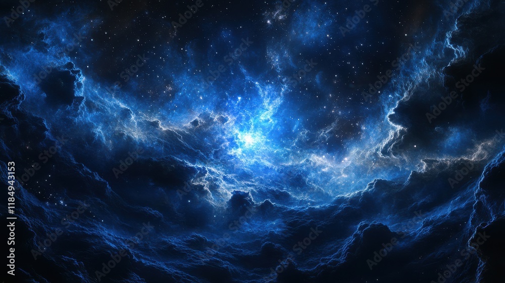Fototapeta premium A stunning cosmic scene filled with deep blue hues and swirling clouds of stardust.