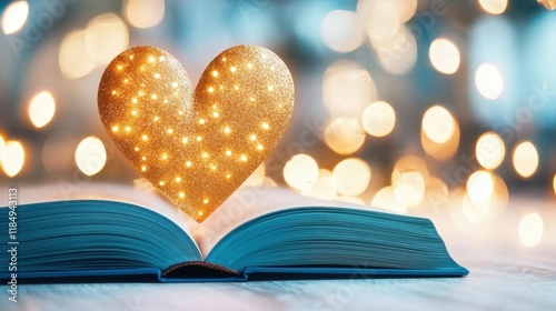 A book with a heart shaped light on top of it photo