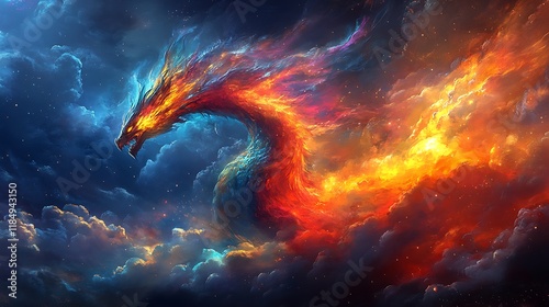 Fiery Dragon Soaring Through Cosmic Cloudscape photo