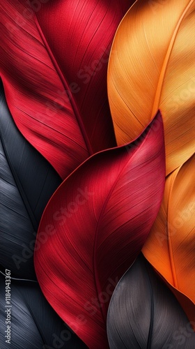 Close-up of vibrant, overlapping leaves in deep red, rich orange, and dark gray tones. photo