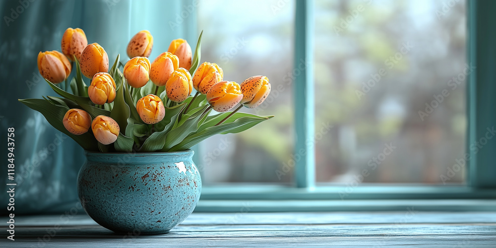 Naklejka premium Tulipany w porcelanowej wazie - Kartka na Wielkanoc