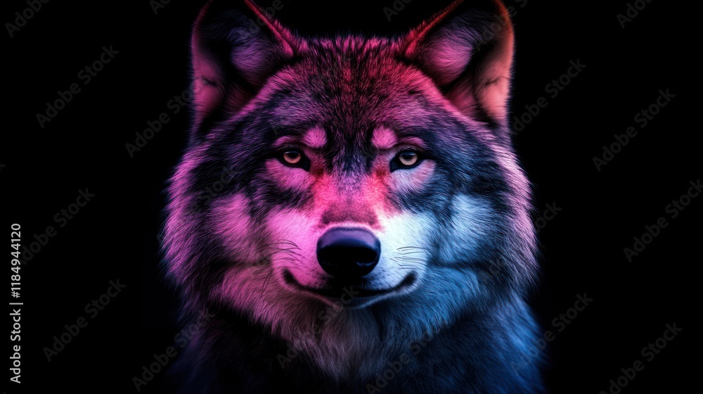 Fototapeta premium Close-up portrait of a stylized wolf head, vibrant pink and blue gradient colors against a black background..