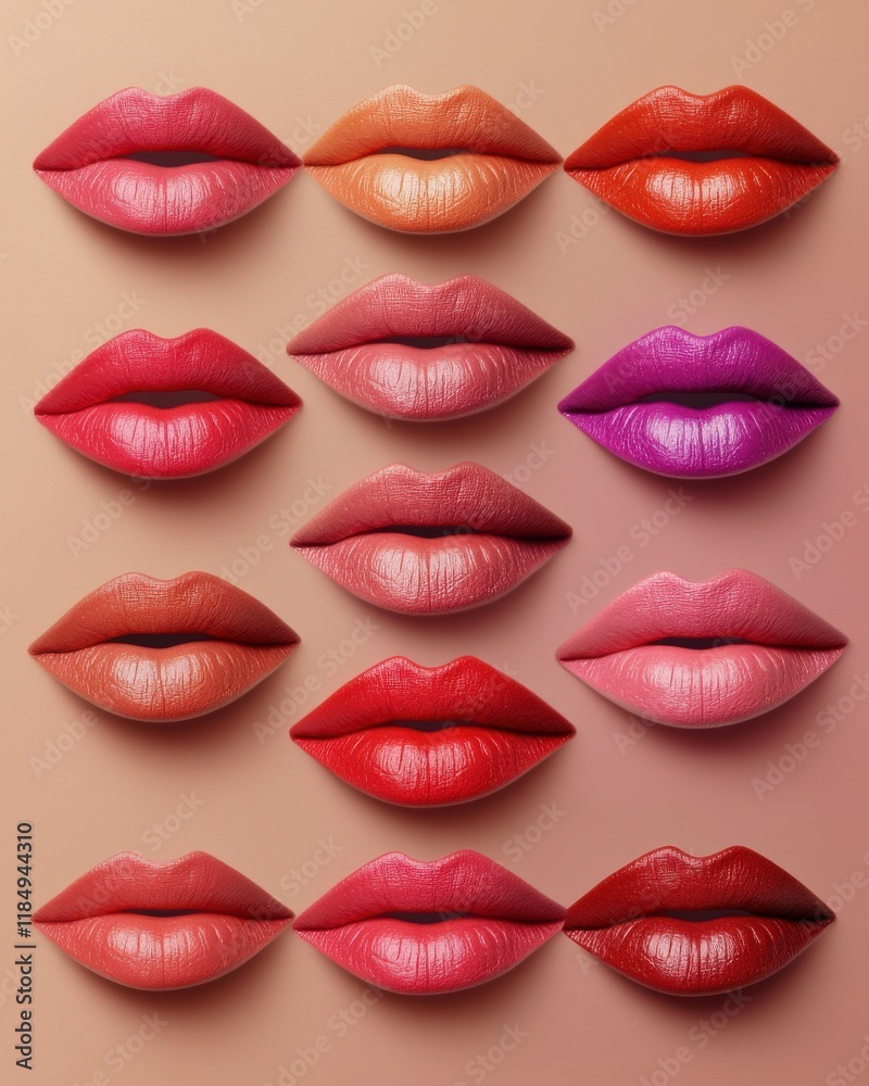 Obraz premium A stunning display of diverse lip colors on a soft background, showcasing beauty and elegance.