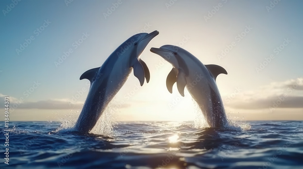 Fototapeta premium Two dolphins jumping out of the water in the ocean