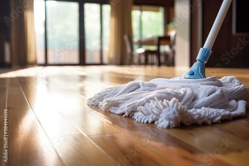 Cleaning hardwood floor with wet white mop in home