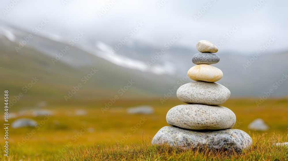 A stack of rocks in a grassy field with mountains in the background A stack of rocks in a grassy field with mountains in the background