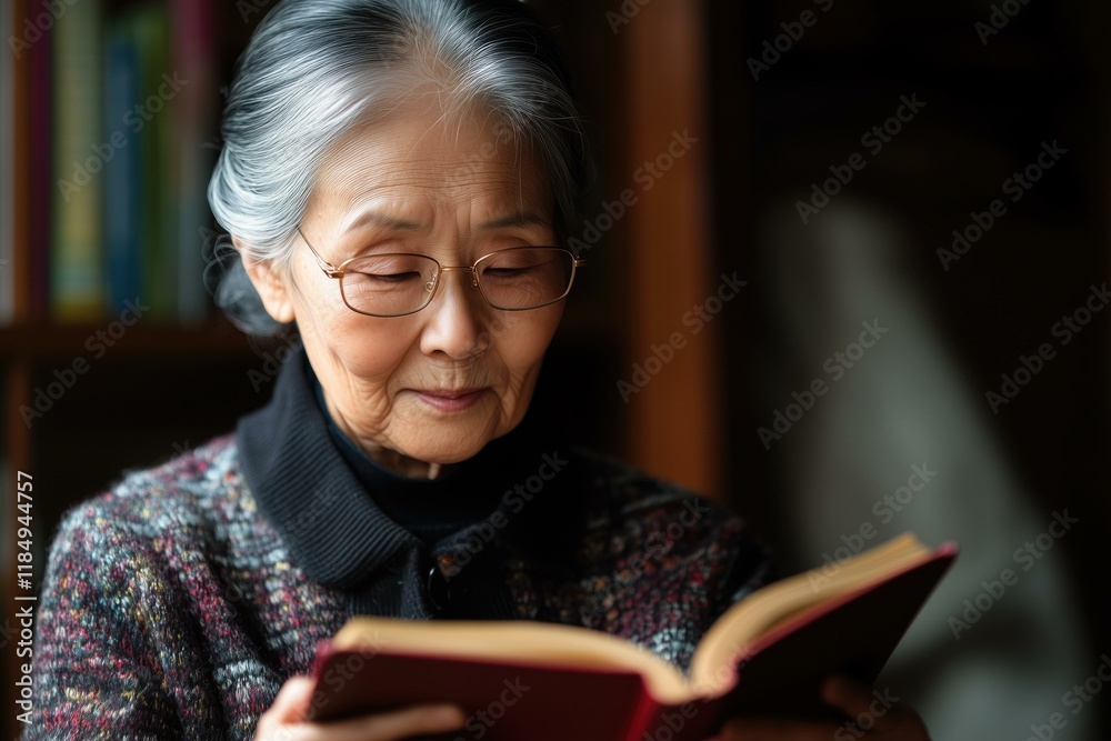 Elderly Asian woman reading a book in a cozy setting with copy space Elderly Asian woman reading a book in a cozy setting with copy space