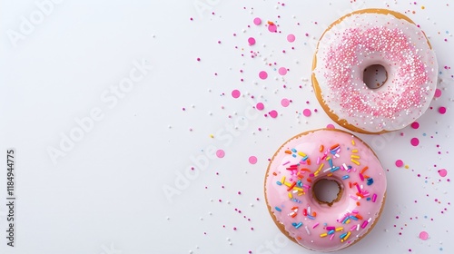 Pink frosted donuts with colorful sprinkles, sugar-topped classic treats, sweet dessert on white background, minimalistic food styling, copy space for text, fun and festive

