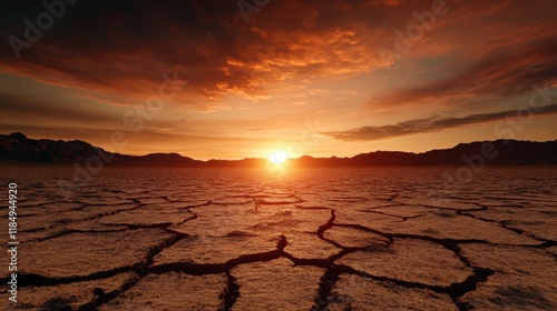 The parched, cracked earth under a breathtaking sunset symbolizes drought and resilience, capturing the struggle and beauty of the natural world in a powerful visual. photo