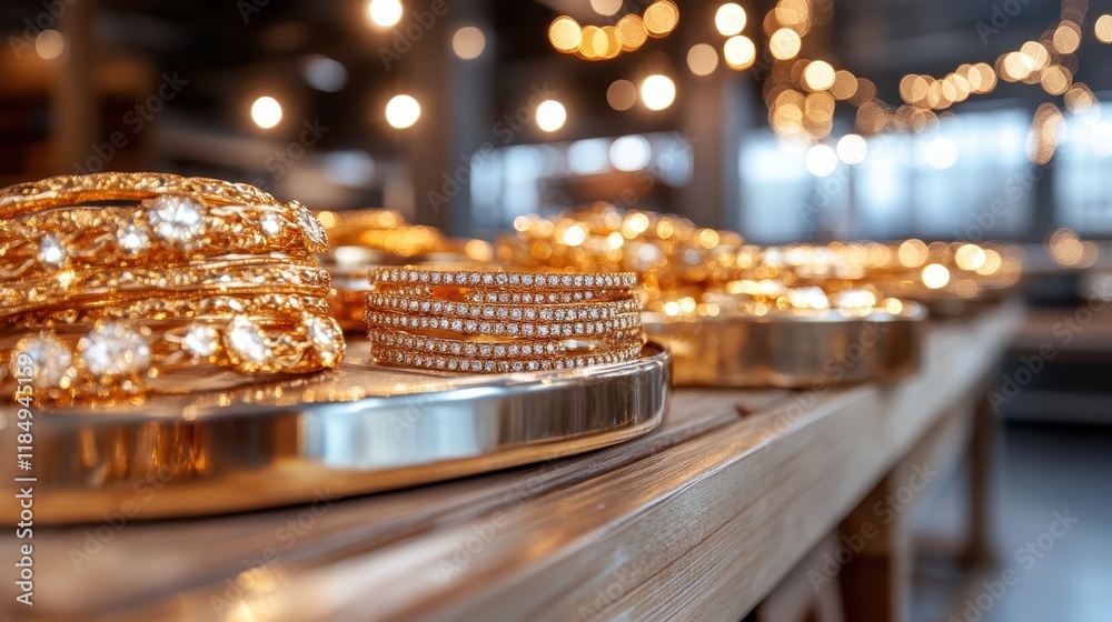 An array of luxurious gold bracelets adorned with diamond accents, perfectly arranged on a glistening display table, inviting admiration and purchase. An array of luxurious gold bracelets adorned with diamond accents, perfectly arranged on a glistening display table, inviting admiration and purchase.