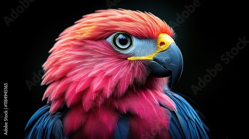 Close-up portrait of a vibrant pink and blue parrot with detailed plumage, against a black background. photo