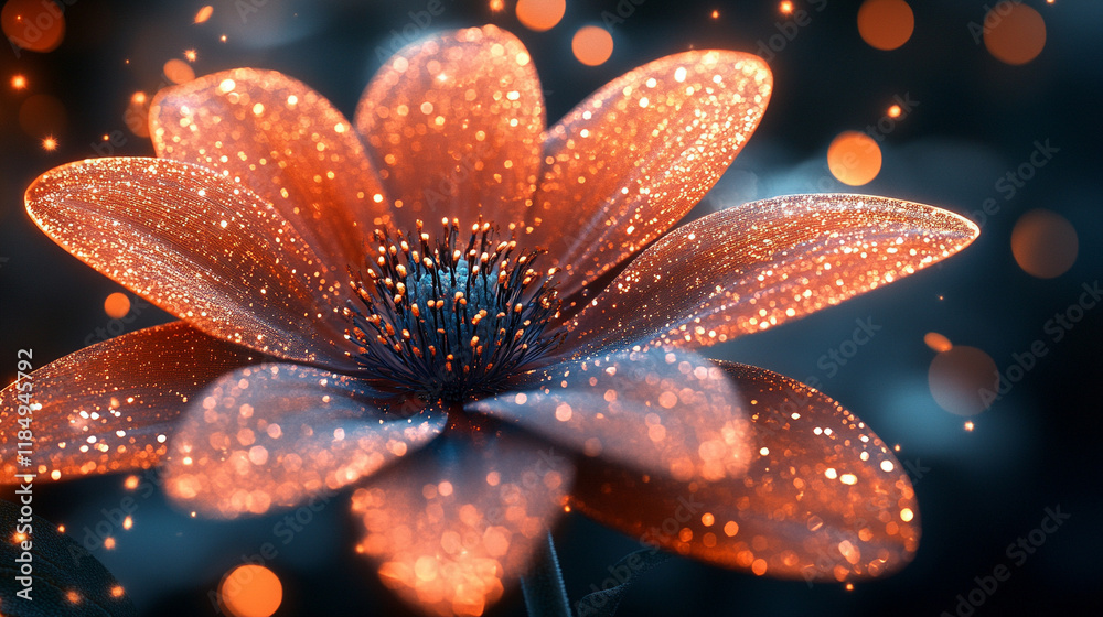 Fototapeta premium Glowing ethereal flower with sparkling particles radiating elegance and mystery blurred caption space on the side representing life energy growth and the delicate balance of nature