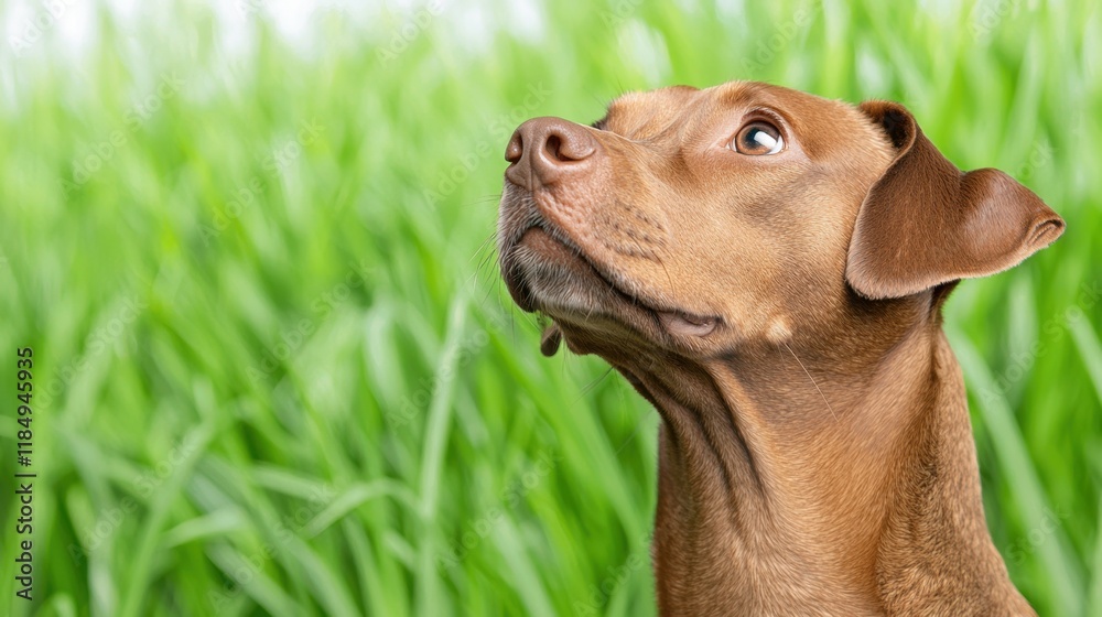 A brown dog looking up at the sky in the grass A brown dog looking up at the sky in the grass