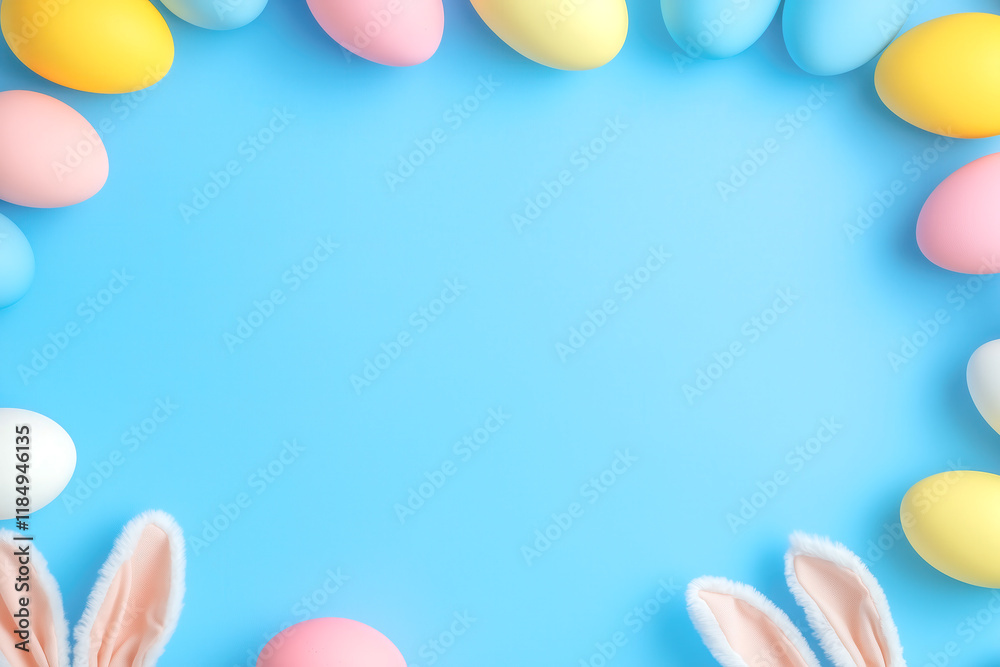 Easter party concept. Top view photo of easter bunny ears white pink blue and yellow eggs on isolated pastel blue background with copyspace in the middle Easter party concept. Top view photo of easter bunny ears white pink blue and yellow eggs on isolated pastel blue background with copyspace in the middle