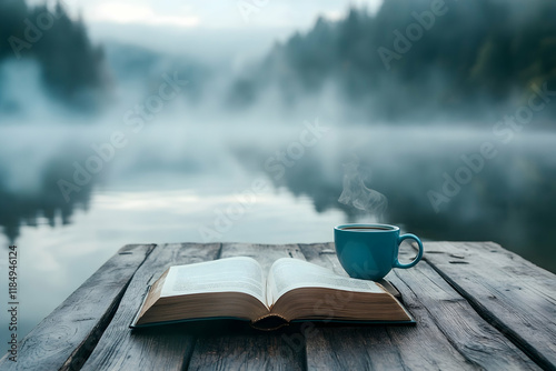 A steaming cup of coffee and an open book placed on a wooden pier overlooking a tranquil lake