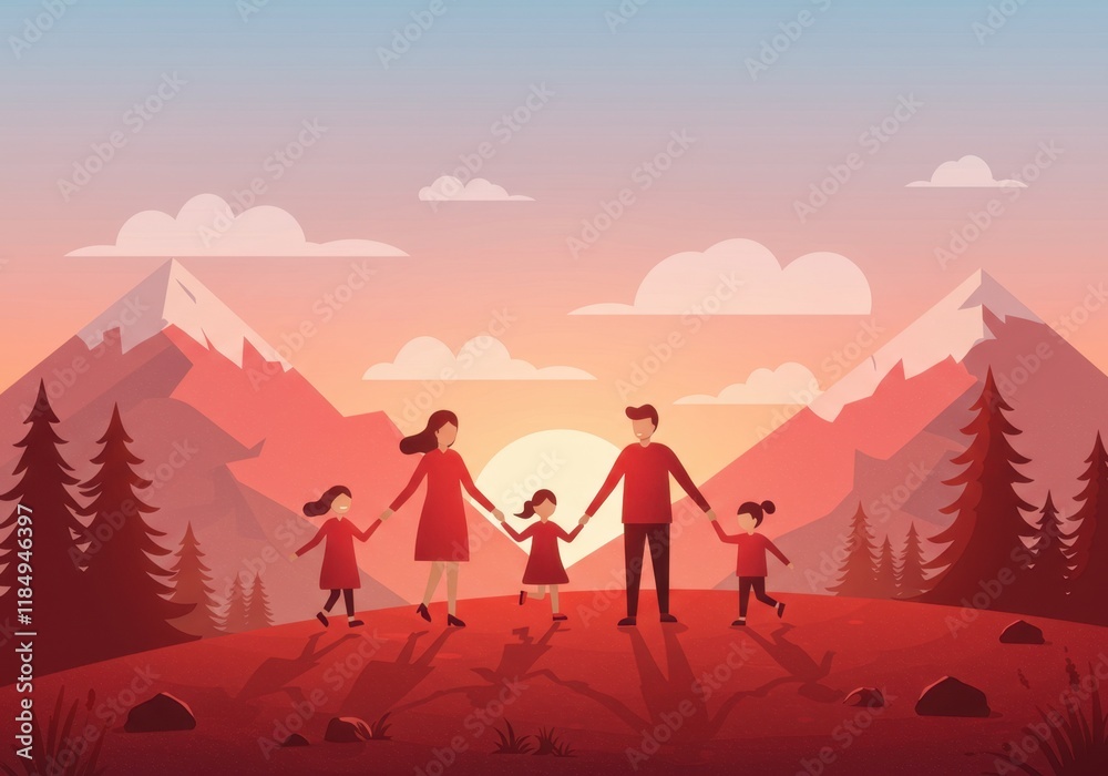 Fototapeta premium Family enjoying a peaceful mountain sunset together in nature