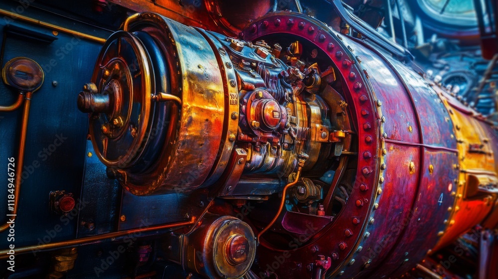 A close-up view of a retro mechanical engine showcasing intricate details. The vibrant colors highlight the craftsmanship and design of vintage machinery. Generative AI A close-up view of a retro mechanical engine showcasing intricate details. The vibrant colors highlight the craftsmanship and design of vintage machinery. Generative AI
