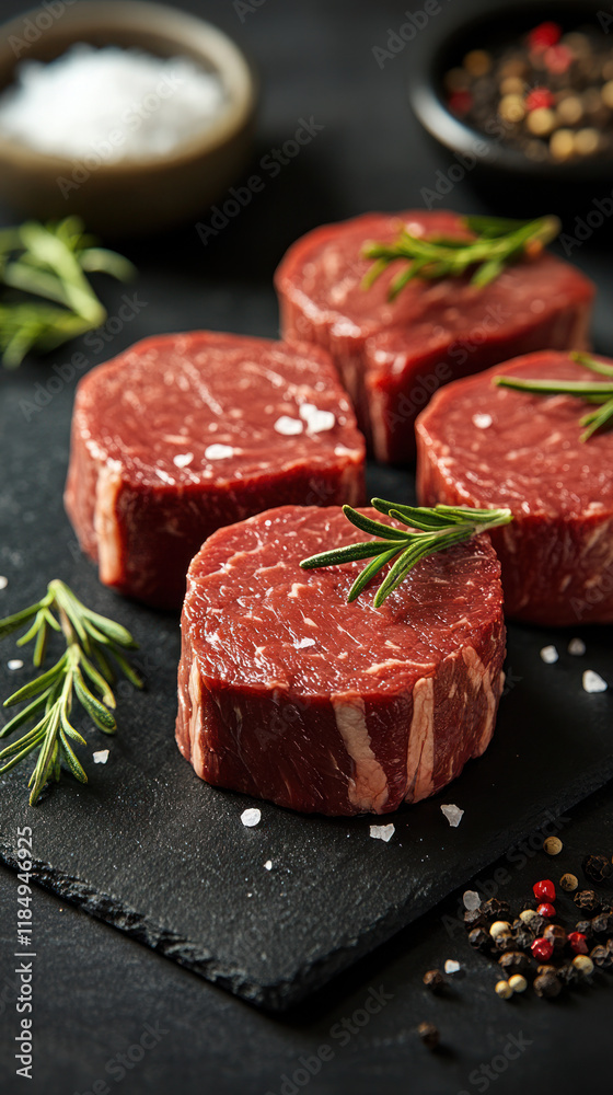 Fresh Raw Beef Filets with Rosemary and Seasoning on Slate Board Fresh Raw Beef Filets with Rosemary and Seasoning on Slate Board