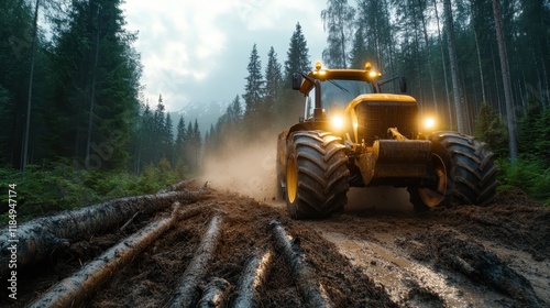 A powerful piece of heavy equipment navigates through a forest road, showcasing its capabilities and the connection between machinery and the natural environment in construction.