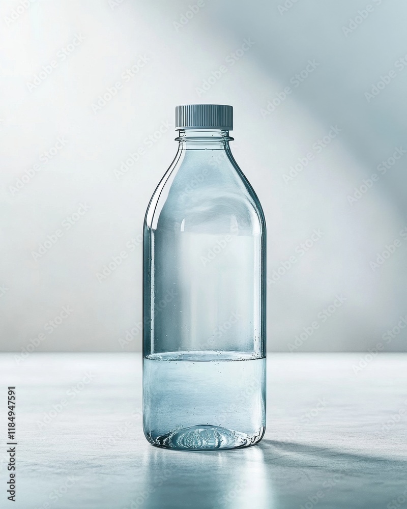 Clear glass water bottle with a silver cap, reflecting light against a soft blue backdrop. Clear glass water bottle with a silver cap, reflecting light against a soft blue backdrop.