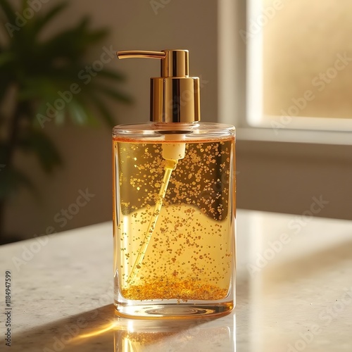 Golden Elixir Luxurious Haircare Bottle on Glittering Stone Surface photo