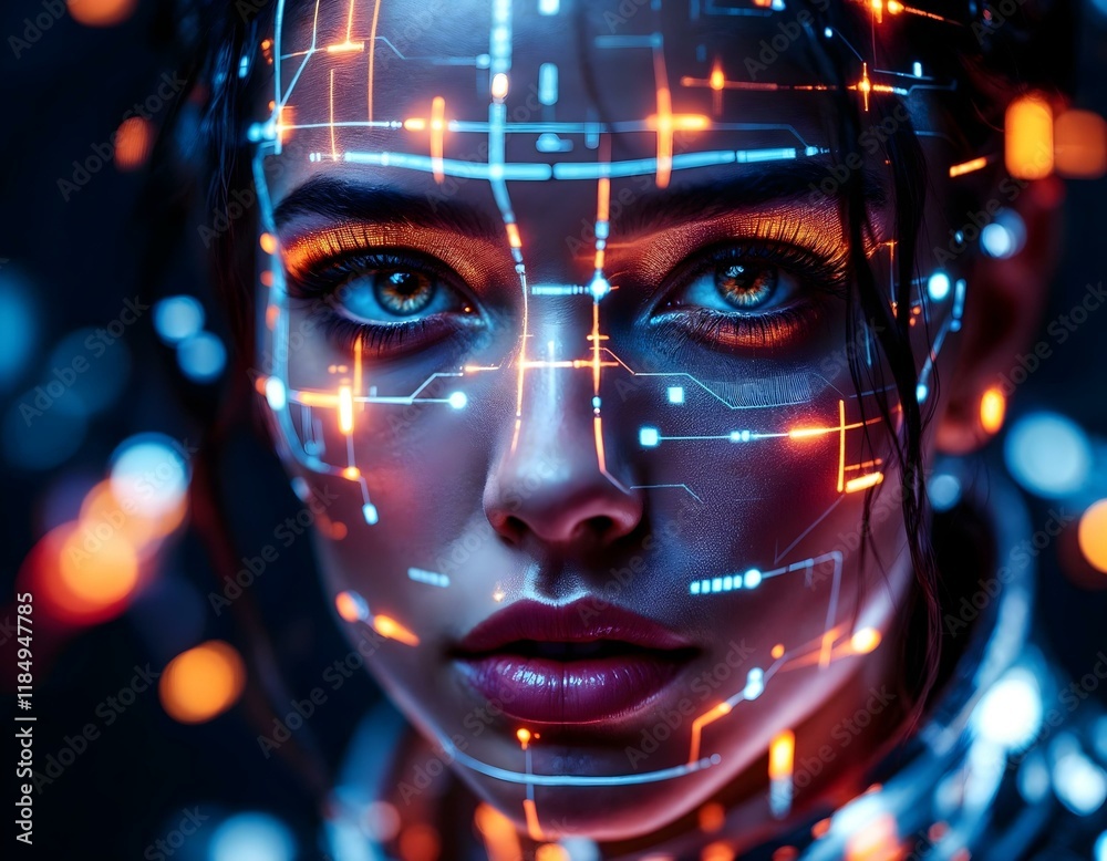 Futuristic cyborg face, intense blue eyes, holographic interface overlay, glowing neon lines, cyberpunk aesthetic, digital neural network Futuristic cyborg face, intense blue eyes, holographic interface overlay, glowing neon lines, cyberpunk aesthetic, digital neural network