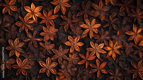 Fototapeta Naklejka Na Ścianę i Meble -  Close-up view of many star anise spice spice patterns arranged densely on a dark background.