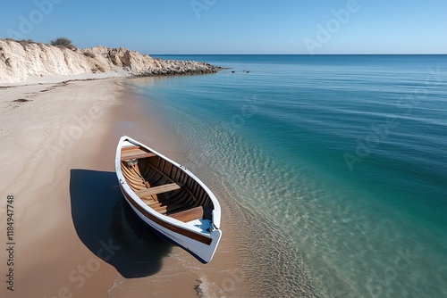 Fisherman's wooden boat on sandy shores - aerial perspective photo