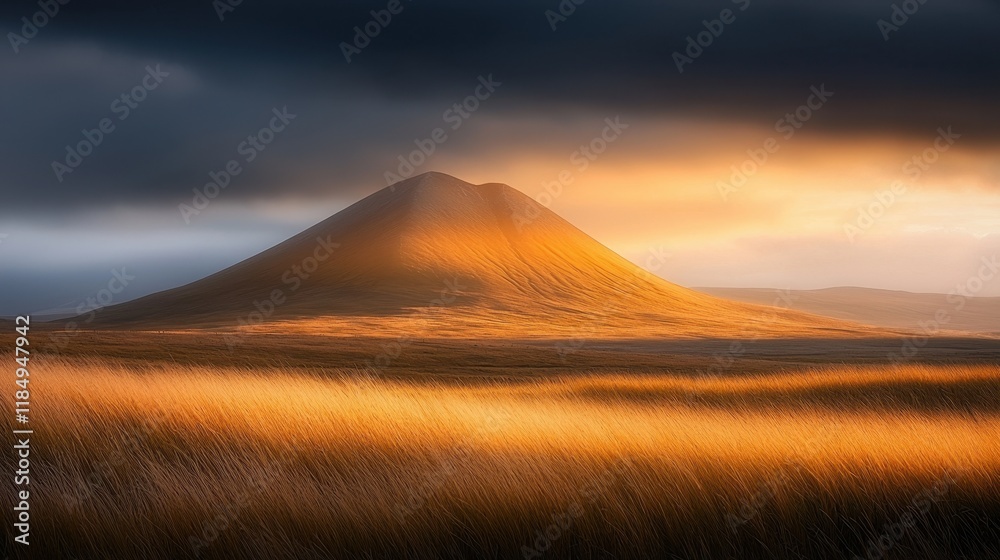 Obraz premium A grassy field with a mountain in the background