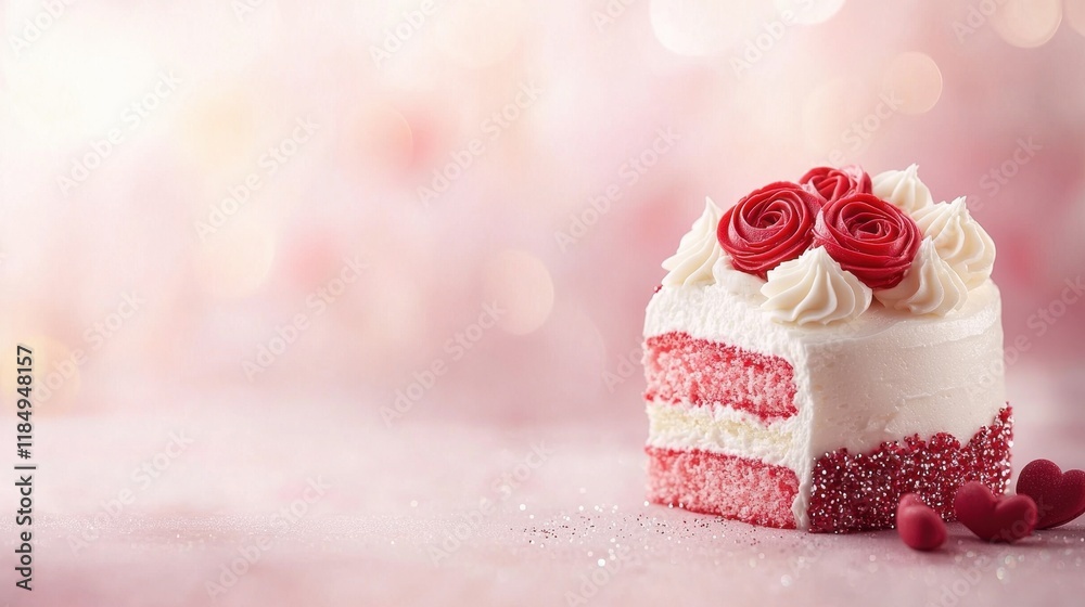 A piece of red velvet cake with white frosting and red roses A piece of red velvet cake with white frosting and red roses