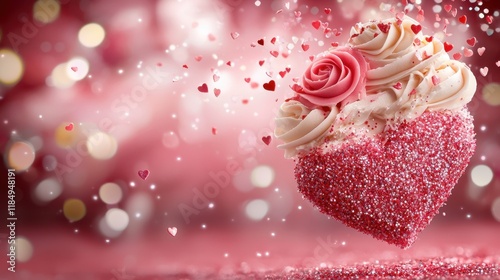 A cupcake with a heart shaped frosting and pink roses