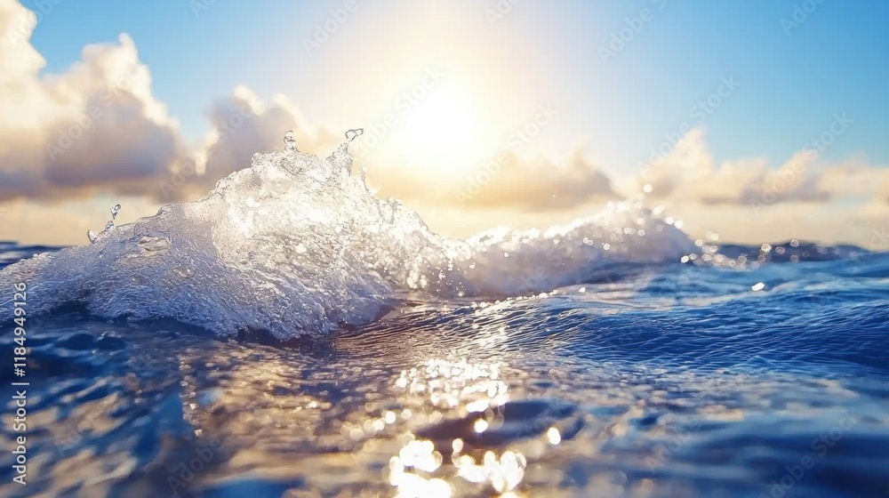 Obraz premium A wave breaking in the ocean with the sun shining through the clouds