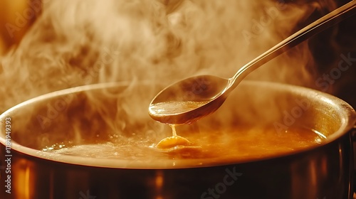 Ladle dipping into a bubbling pot of soup with steam swirling in the warm air photo